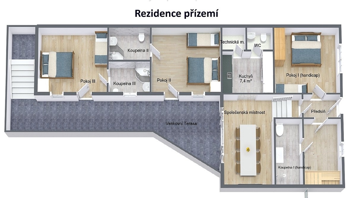 Kobylí Pod rozhlednou spodní patro plán 3D w1200 no spa Rezidence Kobylí půdorys spodního patra